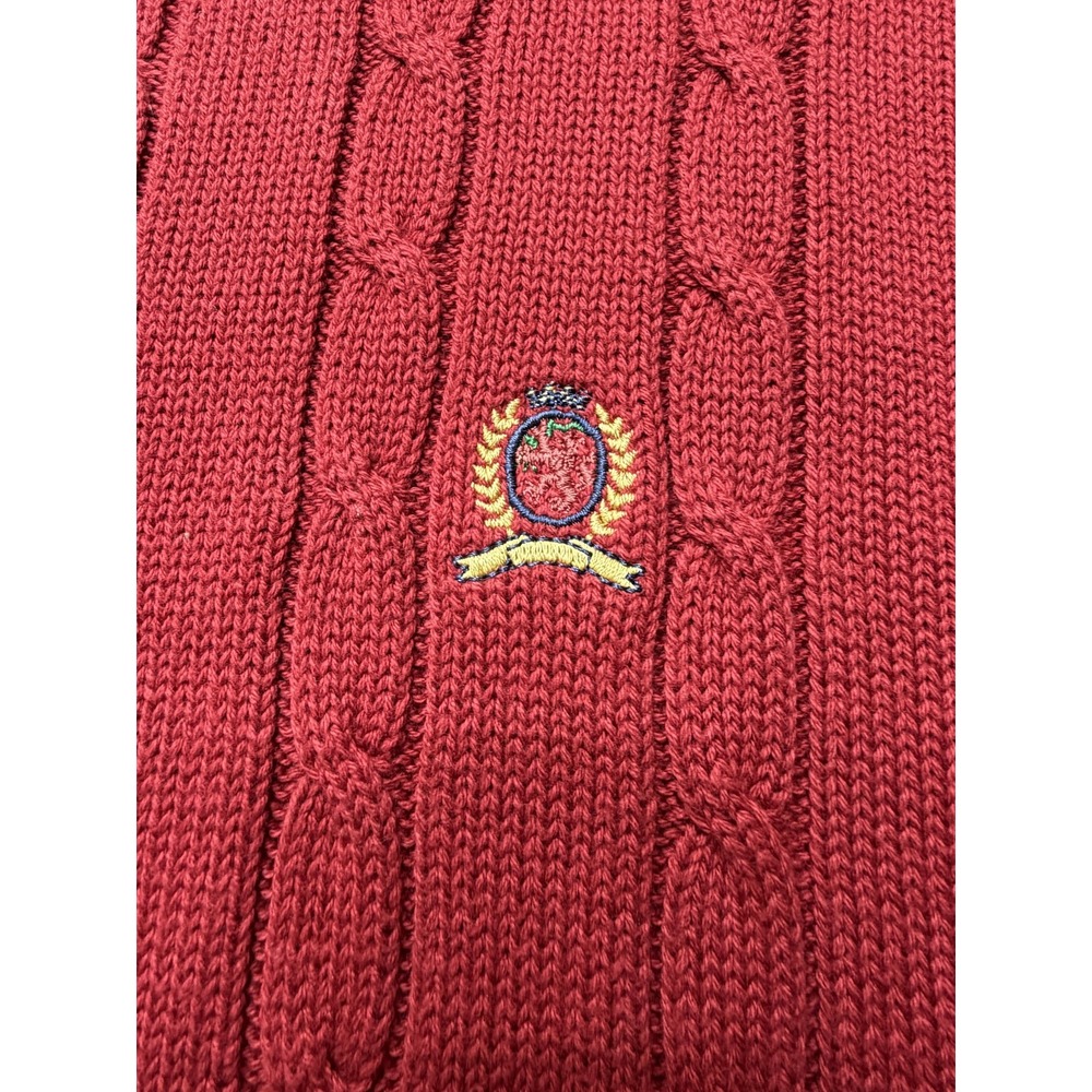 Tommy Hilfiger Sweater Mens Large Red Cable Knit Crewneck Crest Logo Pullover - Picture 2 of 7